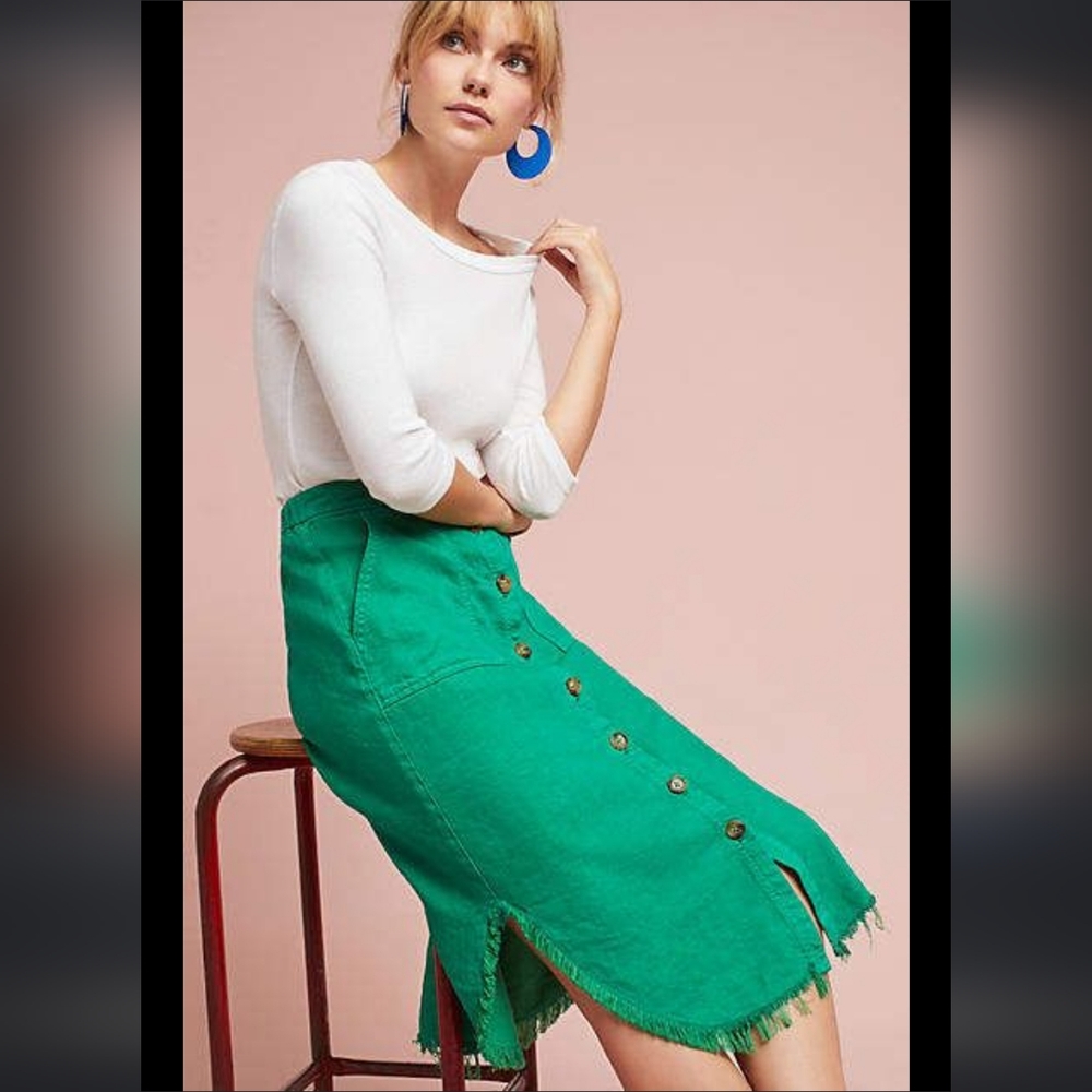 FINAL SALE Anthropologie Postmark Green Denim Fringe Midi Skirt 10